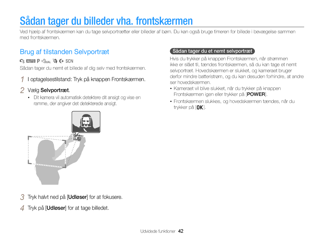 Samsung EC-PL170ZFPBE2, EC-PL170ZBPBE2 manual Sådan tager du billeder vha. frontskærmen, Brug af tilstanden Selvportræt 