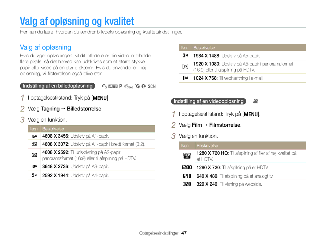 Samsung EC-PL170ZFPBE2, EC-PL170ZBPBE2 manual Valg af opløsning og kvalitet, Indstilling af en billedopløsning S a p d b N s 