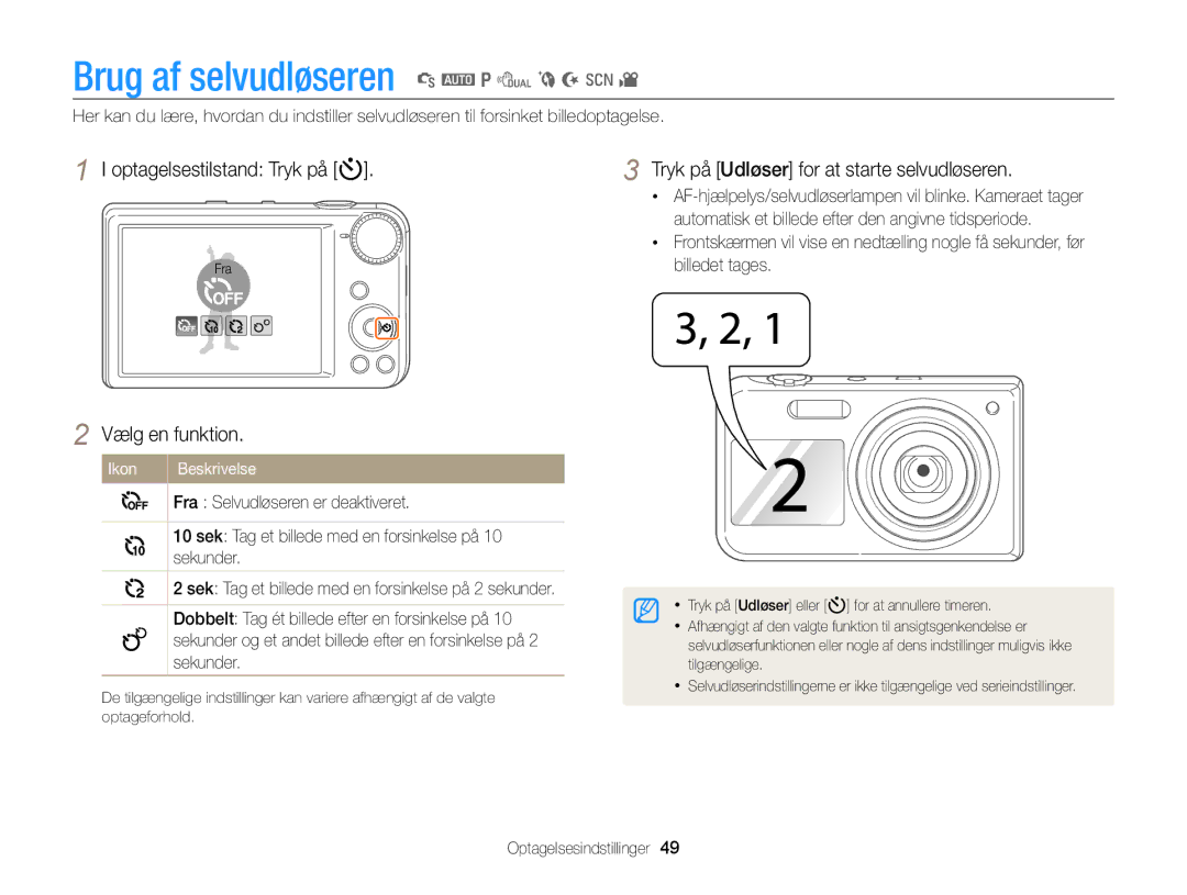 Samsung EC-PL170ZBPBE2, EC-PL170ZFPLE2, EC-PL170ZFPSE2 Brug af selvudløseren S a p d b N s, Optagelsestilstand Tryk på t 