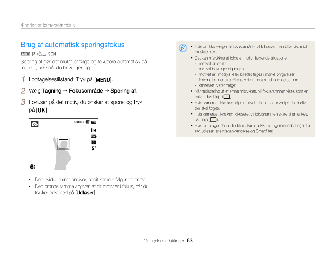 Samsung EC-PL170ZBPSE2, EC-PL170ZBPBE2, EC-PL170ZFPLE2 manual Brug af automatisk sporingsfokus, Ændring af kameraets fokus 