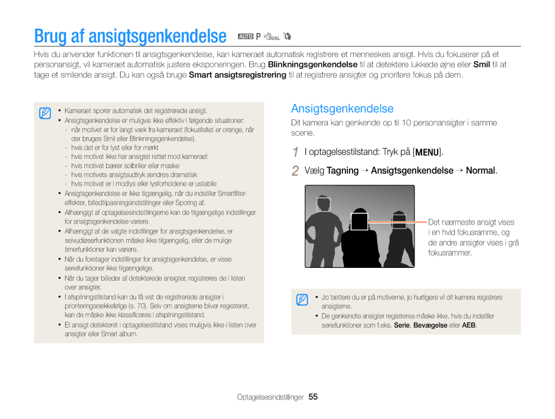 Samsung EC-PL170ZFPLE2, EC-PL170ZBPBE2, EC-PL170ZFPSE2 manual Brug af ansigtsgenkendelse a p d b, Ansigtsgenkendelse 