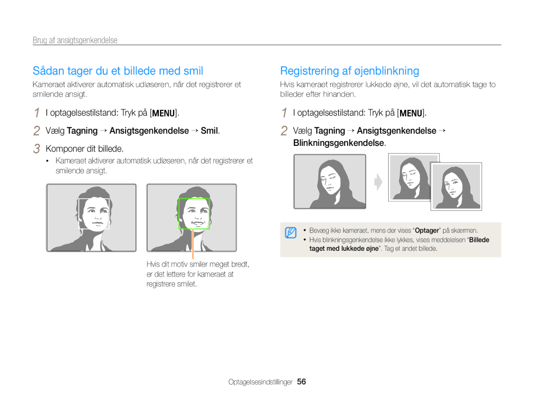 Samsung EC-PL170ZFPSE2 manual Sådan tager du et billede med smil, Registrering af øjenblinkning, Brug af ansigtsgenkendelse 