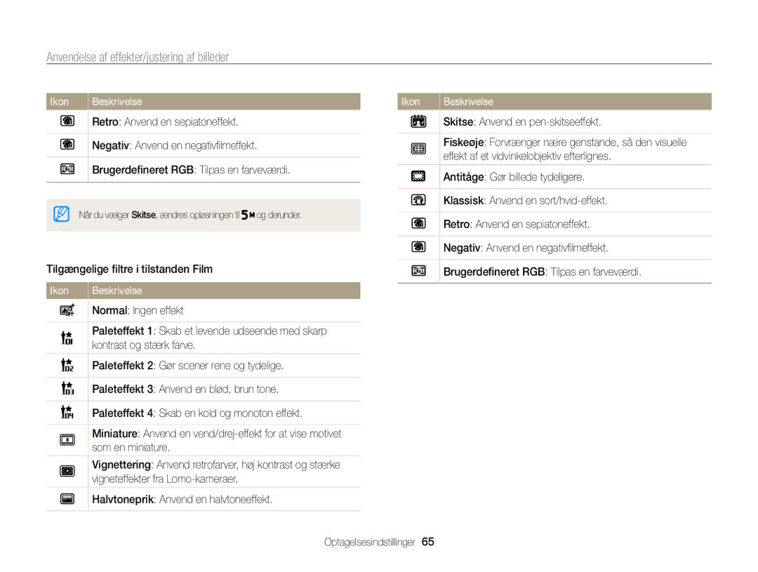 Samsung EC-PL170ZFPLE2, EC-PL170ZBPBE2, EC-PL170ZFPSE2, EC-PL170ZFPBE2 manual Anvendelse af effekter/justering af billeder 