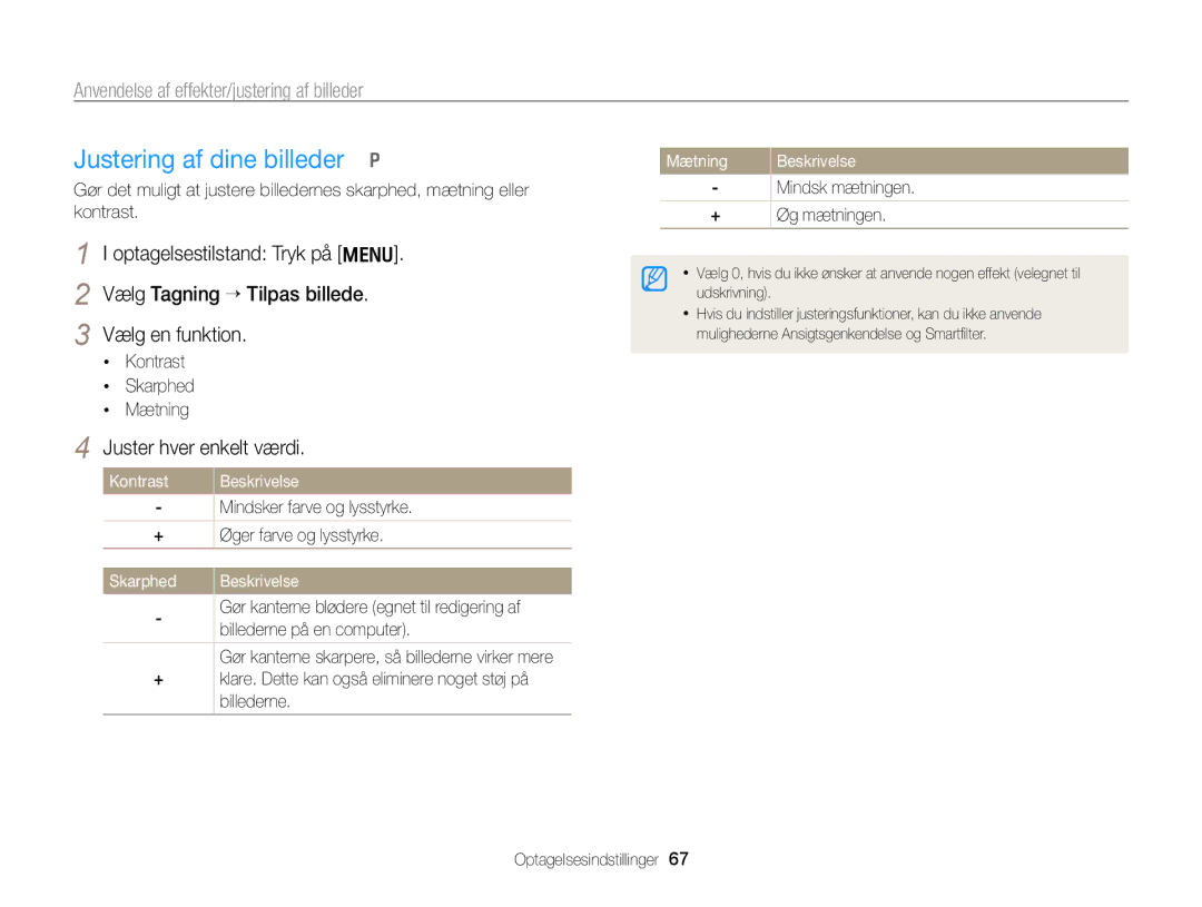 Samsung EC-PL170ZFPBE2, EC-PL170ZBPBE2, EC-PL170ZFPLE2 manual Justering af dine billeder p, Juster hver enkelt værdi 