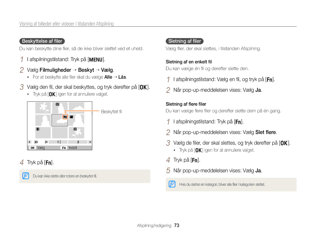 Samsung EC-PL170ZBPSE2 manual Vælg den ﬁl, der skal beskyttes, og tryk derefter på o, Tryk på f, Beskyttelse af ﬁler 