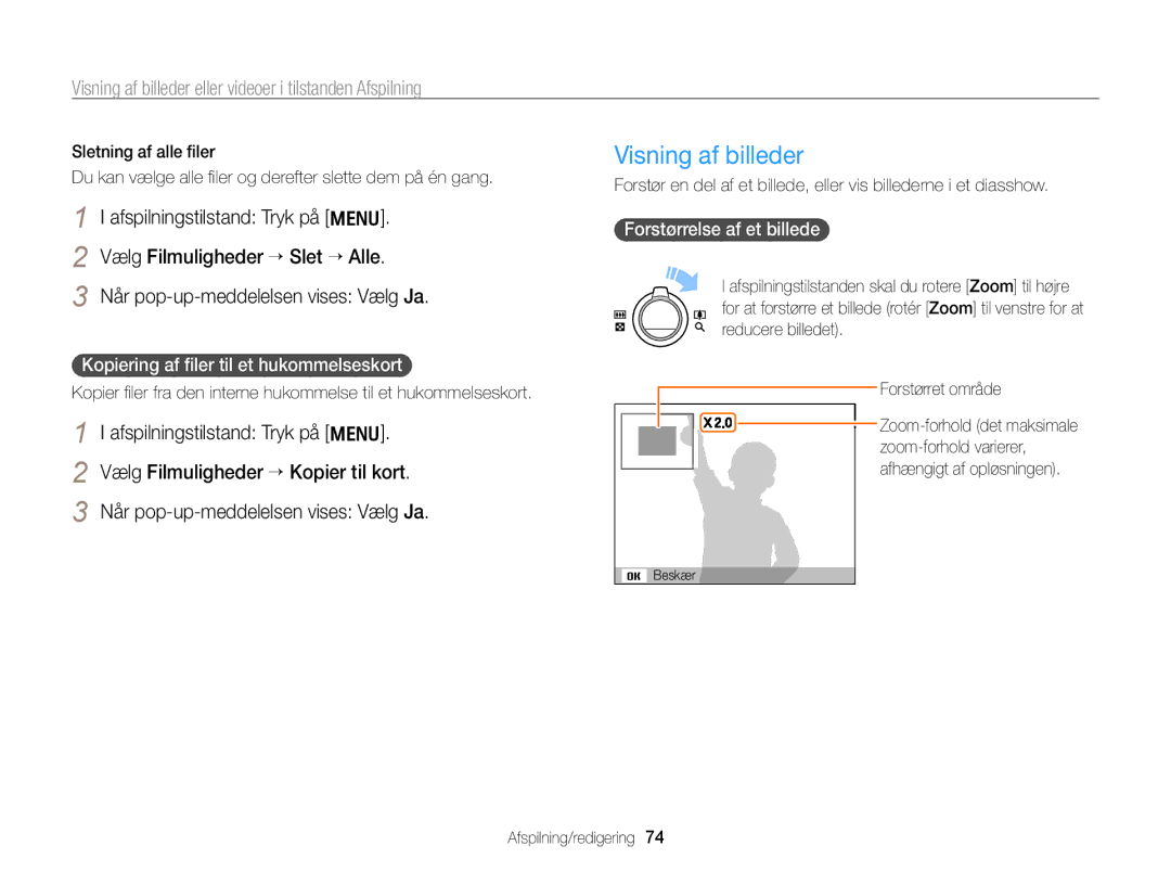 Samsung EC-PL170ZBPBE2 manual Visning af billeder, Kopiering af ﬁler til et hukommelseskort, Forstørrelse af et billede 