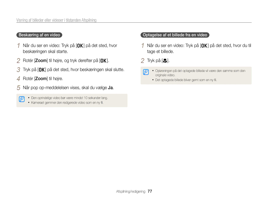 Samsung EC-PL170ZFPBE2, EC-PL170ZBPBE2, EC-PL170ZFPLE2 manual Beskæring af en video, Optagelse af et billede fra en video 