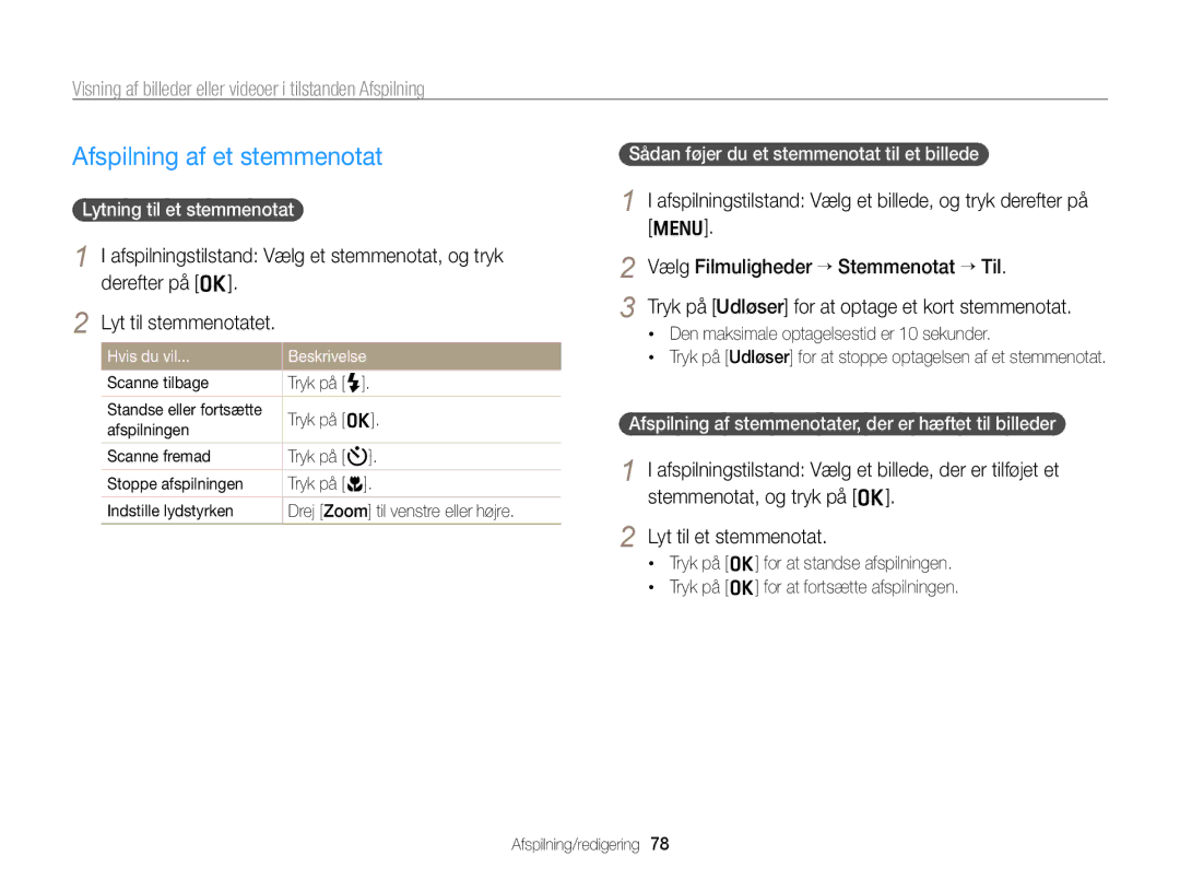 Samsung EC-PL170ZBPSE2, EC-PL170ZBPBE2, EC-PL170ZFPLE2 manual Afspilning af et stemmenotat, Lytning til et stemmenotat 