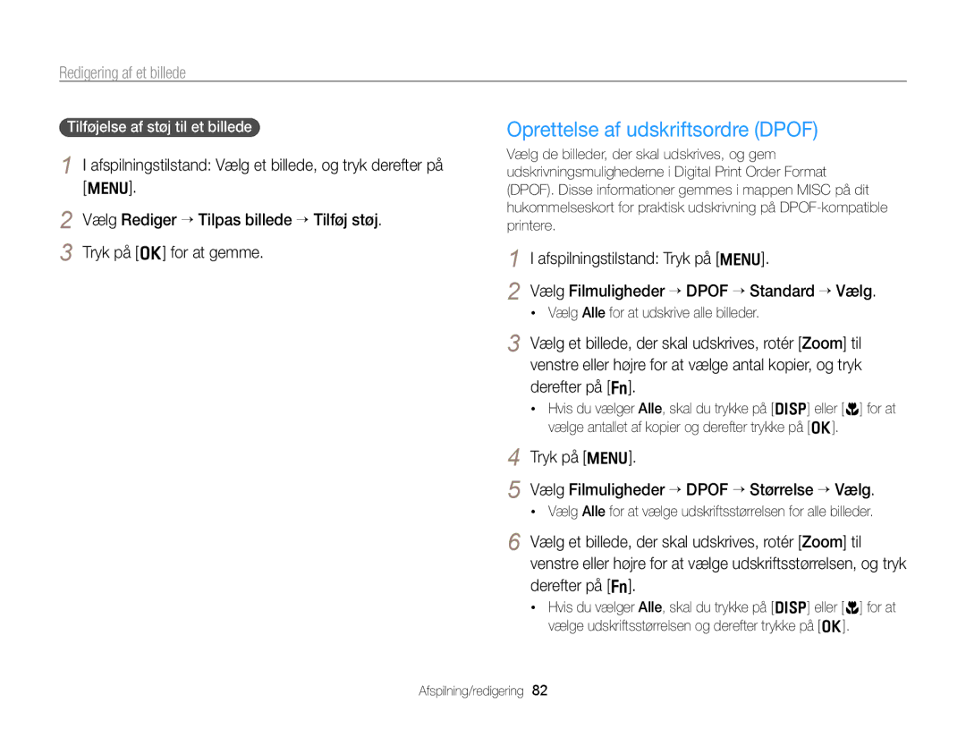 Samsung EC-PL170ZFPBE2 manual Oprettelse af udskriftsordre Dpof, Tryk på m Vælg Filmuligheder “ Dpof “ Størrelse “ Vælg 