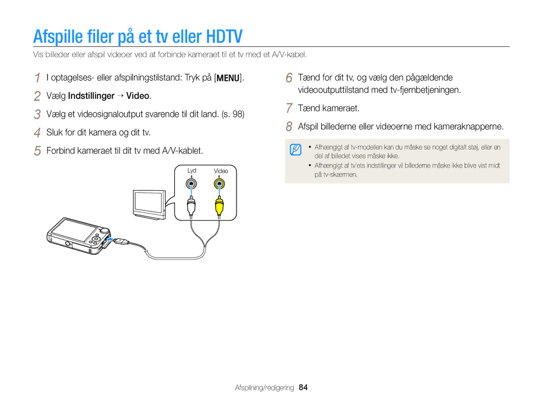 Samsung EC-PL170ZBPBE2, EC-PL170ZFPLE2, EC-PL170ZFPSE2, EC-PL170ZFPBE2, EC-PL170ZBPSE2 manual Afspille ﬁler på et tv eller Hdtv 