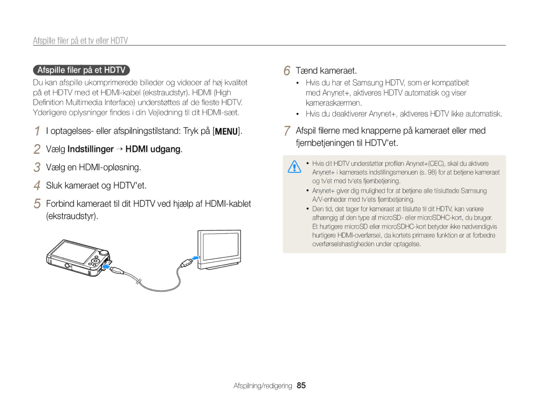 Samsung EC-PL170ZFPLE2, EC-PL170ZBPBE2 manual Afspille ﬁler på et tv eller Hdtv, Tænd kameraet, Afspille ﬁler på et Hdtv 