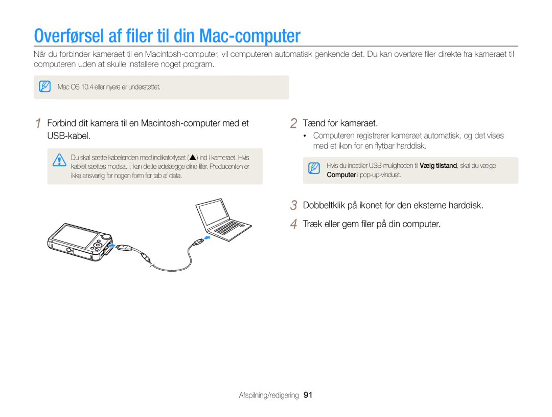 Samsung EC-PL170ZFPSE2 manual Overførsel af ﬁler til din Mac-computer, Dobbeltklik på ikonet for den eksterne harddisk 