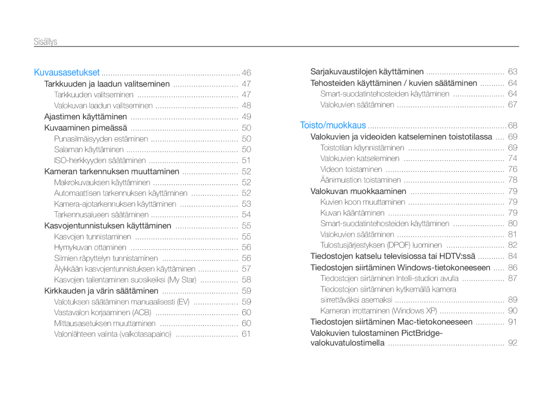 Samsung EC-PL170ZFPLE2, EC-PL170ZBPBE2, EC-PL170ZFPSE2 manual Sisällys, Valokuvien ja videoiden katseleminen toistotilassa 