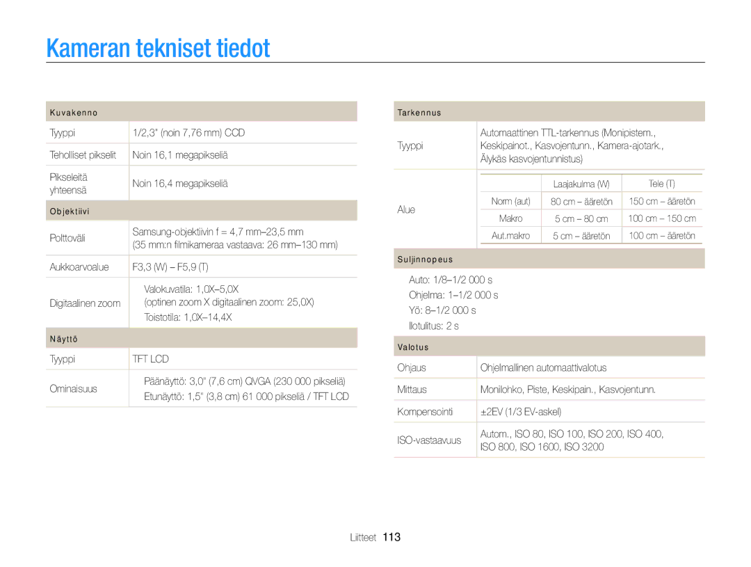 Samsung EC-PL170ZBPSE2, EC-PL170ZBPBE2, EC-PL170ZFPLE2, EC-PL170ZFPSE2, EC-PL170ZFPBE2 manual Kameran tekniset tiedot 