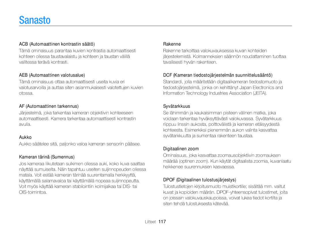 Samsung EC-PL170ZFPBE2, EC-PL170ZBPBE2, EC-PL170ZFPLE2, EC-PL170ZFPSE2, EC-PL170ZBPSE2 manual Sanasto, Syvätarkkuus 