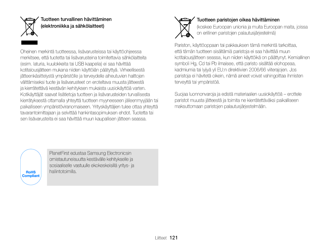 Samsung EC-PL170ZFPSE2, EC-PL170ZBPBE2, EC-PL170ZFPLE2, EC-PL170ZFPBE2, EC-PL170ZBPSE2 Tuotteen paristojen oikea hävittäminen 