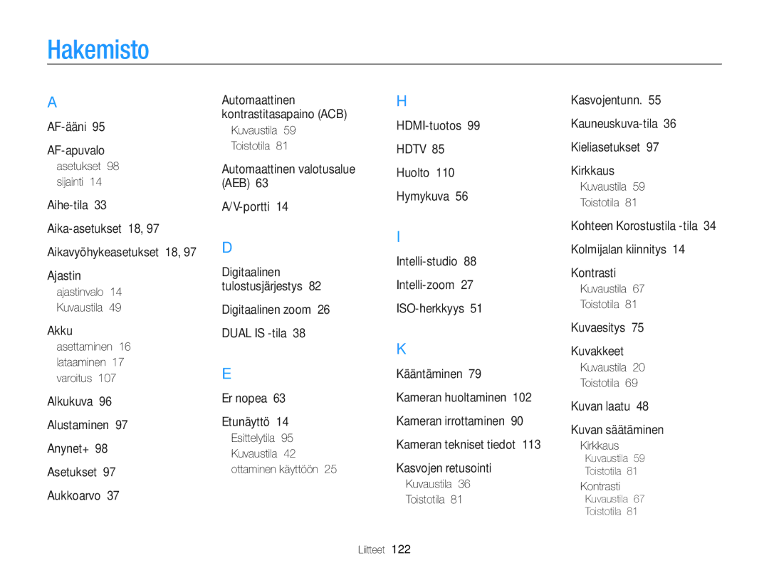 Samsung EC-PL170ZFPBE2, EC-PL170ZBPBE2, EC-PL170ZFPLE2, EC-PL170ZFPSE2, EC-PL170ZBPSE2 manual Hakemisto 