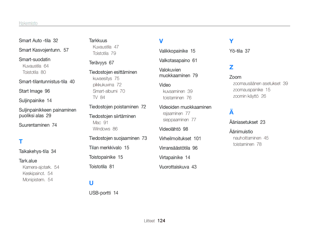 Samsung EC-PL170ZBPBE2 manual Kamera-ajotark Keskipainot Monipistem, Kuvaesitys 75 pikkukuvina 72 Smart-albumi 70 TV 