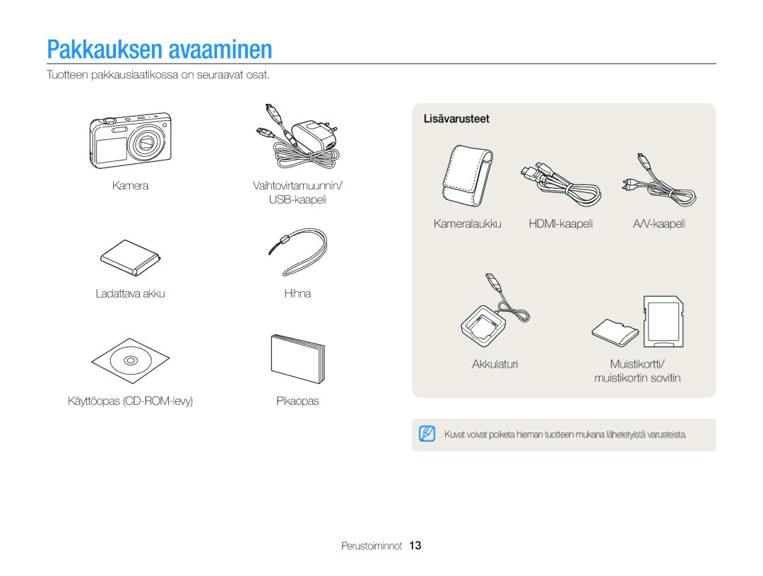 Samsung EC-PL170ZBPSE2, EC-PL170ZBPBE2, EC-PL170ZFPLE2, EC-PL170ZFPSE2, EC-PL170ZFPBE2 Pakkauksen avaaminen, Perustoiminnot 