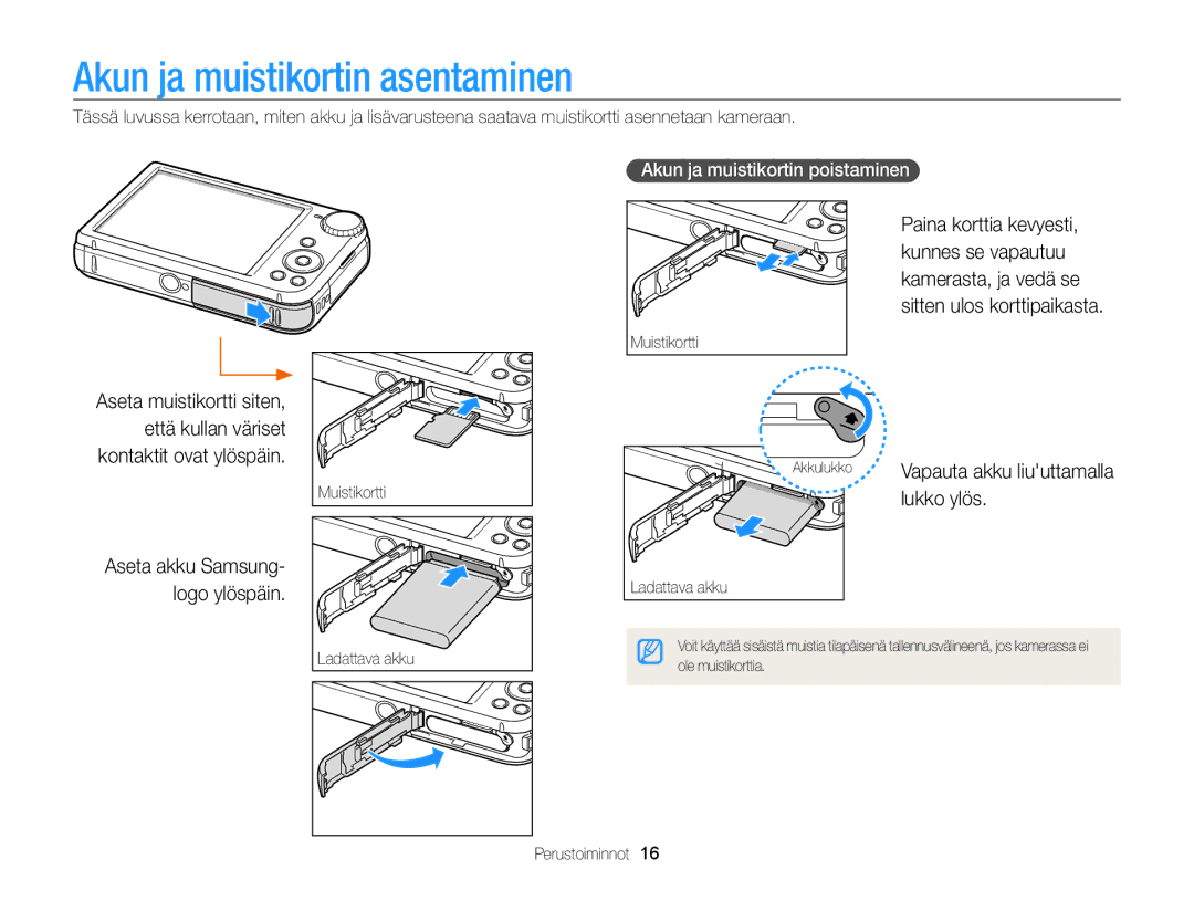 Samsung EC-PL170ZFPSE2, EC-PL170ZBPBE2 manual Akun ja muistikortin asentaminen, Lukko ylös, Akun ja muistikortin poistaminen 