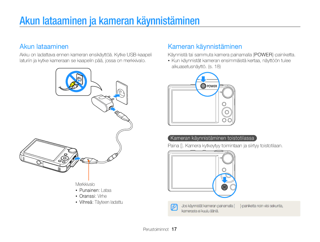 Samsung EC-PL170ZFPBE2, EC-PL170ZBPBE2, EC-PL170ZFPLE2 Akun lataaminen ja kameran käynnistäminen, Kameran käynnistäminen 