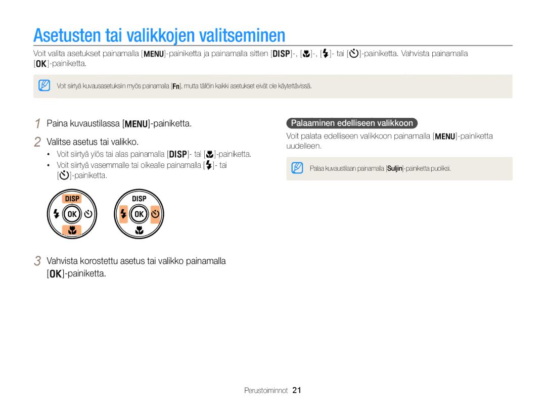 Samsung EC-PL170ZFPSE2 Asetusten tai valikkojen valitseminen, Valitse asetus tai valikko, Palaaminen edelliseen valikkoon 