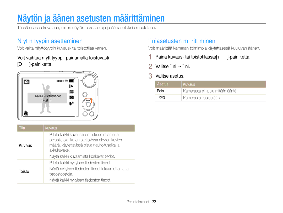 Samsung EC-PL170ZBPSE2 Näytön ja äänen asetusten määrittäminen, Näytön tyypin asettaminen, Ääniasetusten määrittäminen 