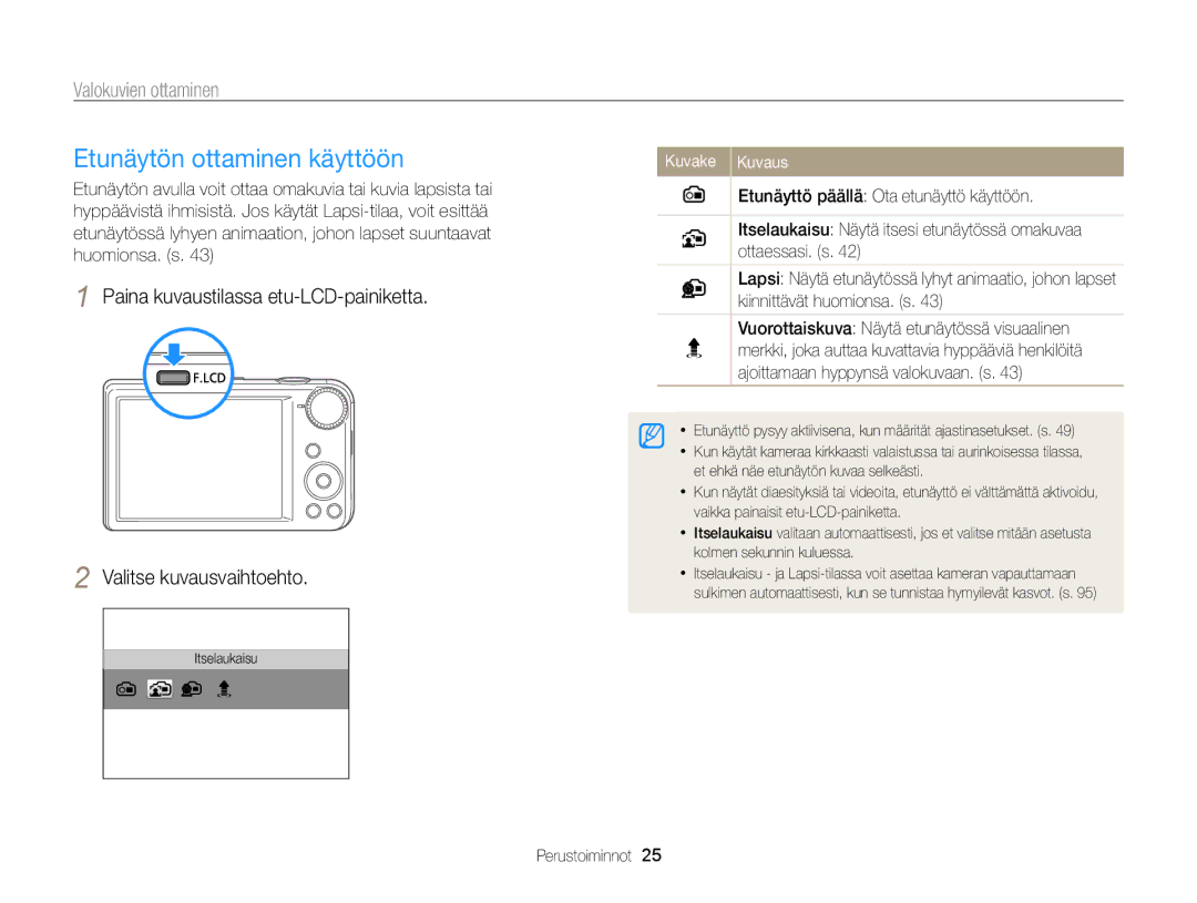 Samsung EC-PL170ZFPLE2, EC-PL170ZBPBE2, EC-PL170ZFPSE2, EC-PL170ZFPBE2 Etunäytön ottaminen käyttöön, Valokuvien ottaminen 