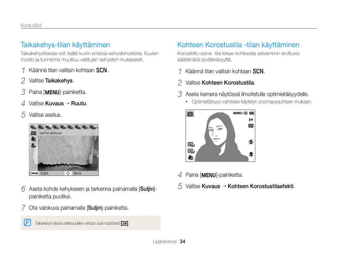 Samsung EC-PL170ZBPBE2, EC-PL170ZFPLE2 manual Taikakehys-tilan käyttäminen, Kohteen Korostustila -tilan käyttäminen 