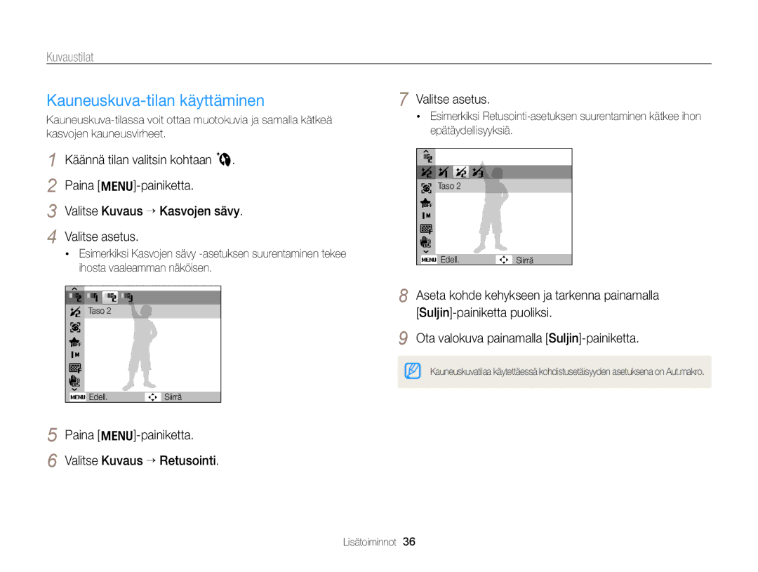 Samsung EC-PL170ZFPSE2, EC-PL170ZBPBE2, EC-PL170ZFPLE2 manual Kauneuskuva-tilan käyttäminen, Valitse Kuvaus “ Retusointi 