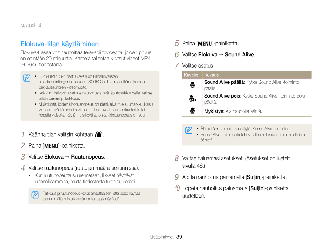 Samsung EC-PL170ZBPBE2 manual Elokuva-tilan käyttäminen, Valitse haluamasi asetukset. Asetukset on lueteltu sivulla 