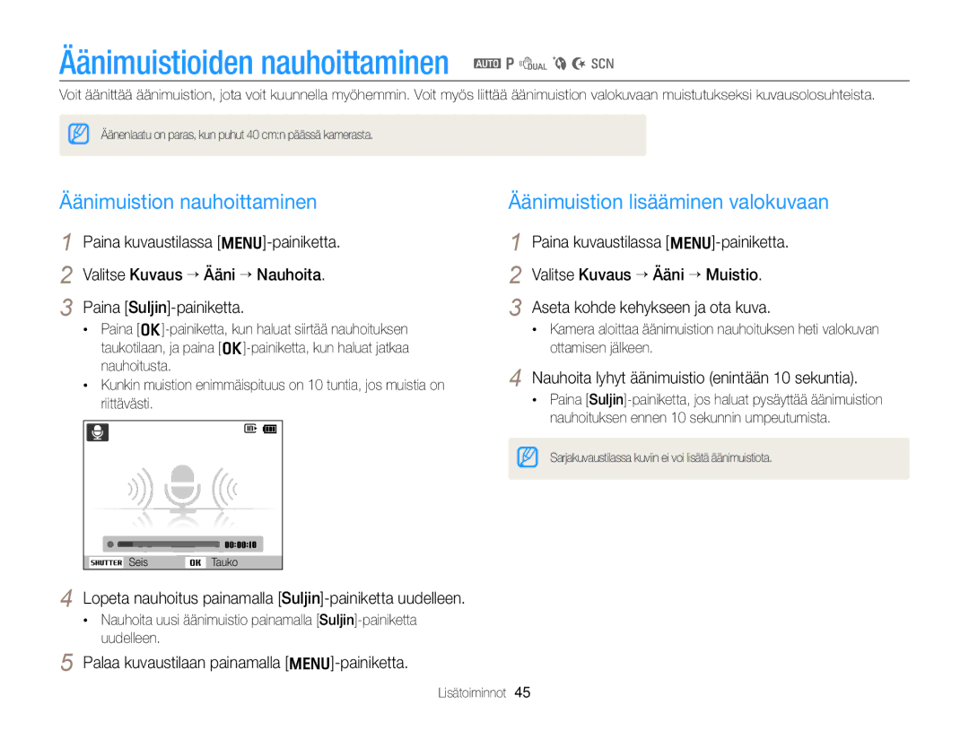 Samsung EC-PL170ZFPLE2, EC-PL170ZBPBE2 manual Äänimuistioiden nauhoittaminen a p d b N s, Äänimuistion nauhoittaminen 