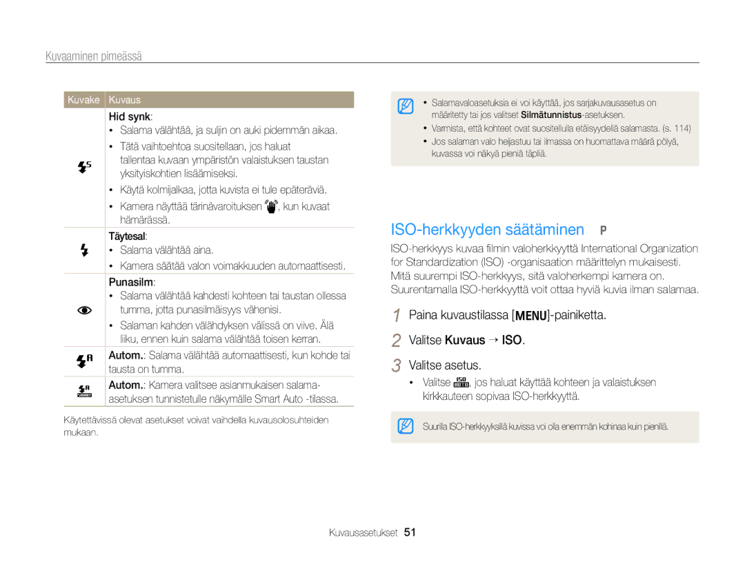 Samsung EC-PL170ZFPSE2, EC-PL170ZBPBE2, EC-PL170ZFPLE2, EC-PL170ZFPBE2 manual ISO-herkkyyden säätäminen p, Kuvaaminen pimeässä 