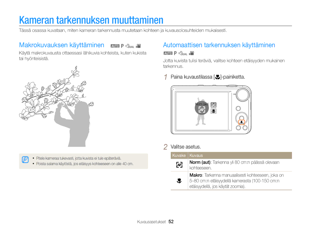 Samsung EC-PL170ZFPBE2, EC-PL170ZBPBE2, EC-PL170ZFPLE2 Kameran tarkennuksen muuttaminen, Makrokuvauksen käyttäminen a p d 