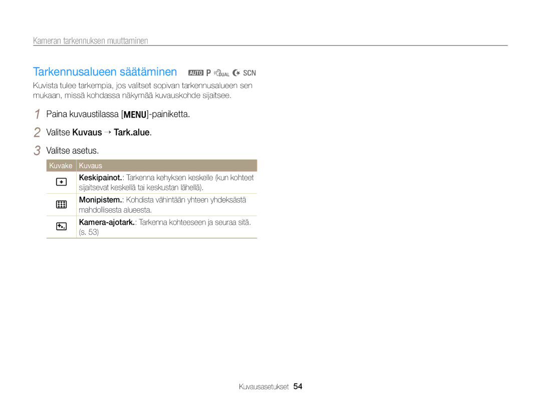 Samsung EC-PL170ZBPBE2, EC-PL170ZFPLE2, EC-PL170ZFPSE2, EC-PL170ZFPBE2, EC-PL170ZBPSE2 Tarkennusalueen säätäminen a p d N s 