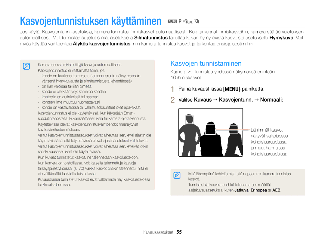 Samsung EC-PL170ZFPLE2, EC-PL170ZBPBE2, EC-PL170ZFPSE2 Kasvojentunnistuksen käyttäminen a p d b, Kasvojen tunnistaminen 