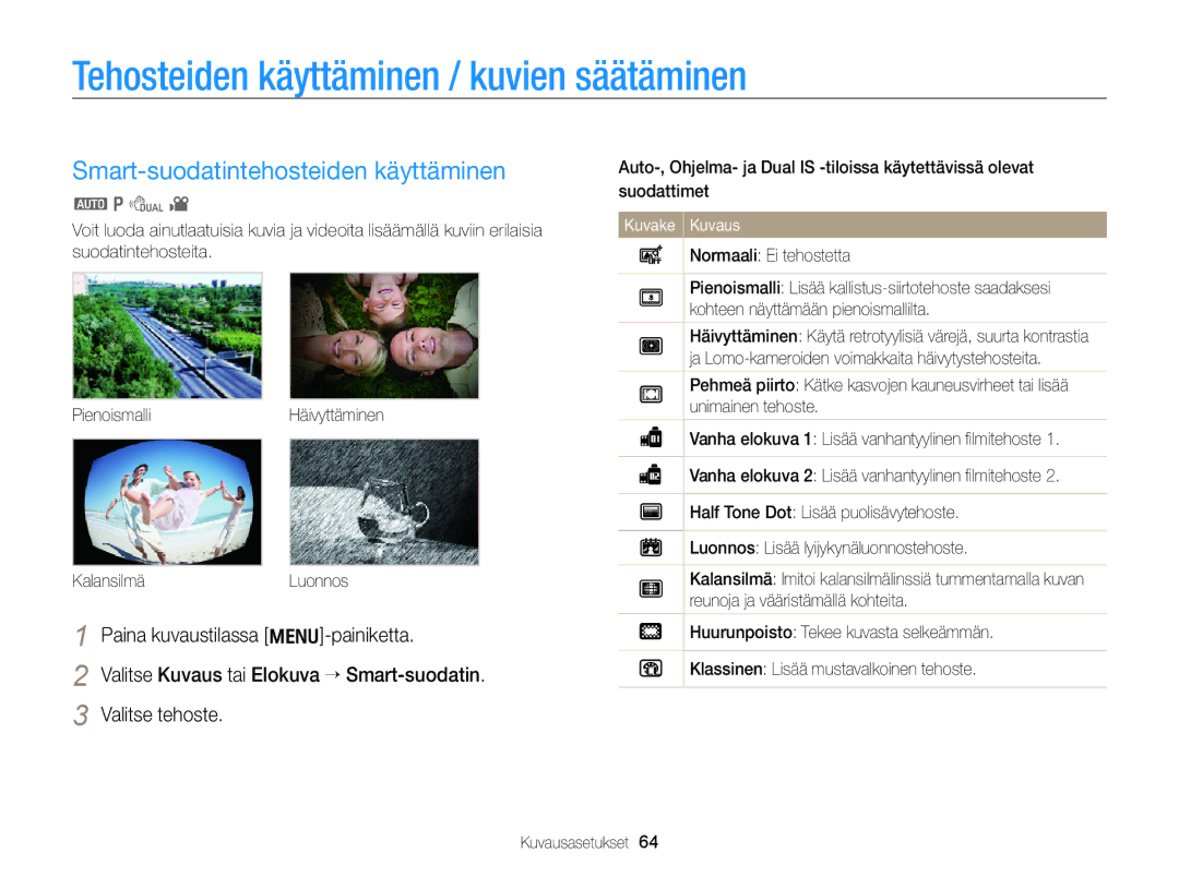 Samsung EC-PL170ZBPBE2 Tehosteiden käyttäminen / kuvien säätäminen, Smart-suodatintehosteiden käyttäminen, Valitse tehoste 