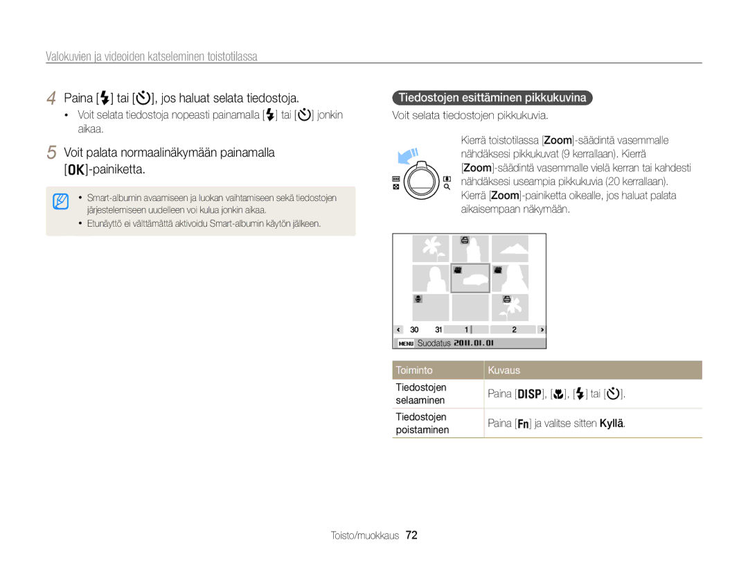 Samsung EC-PL170ZFPBE2 manual Voit palata normaalinäkymään painamalla o-painiketta, Tiedostojen esittäminen pikkukuvina 