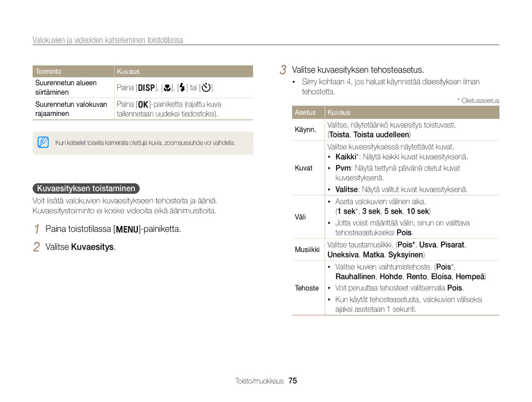 Samsung EC-PL170ZFPLE2, EC-PL170ZBPBE2 manual Kuvaesityksen toistaminen, Asetus Kuvaus Käynn, Toista, Toista uudelleen 