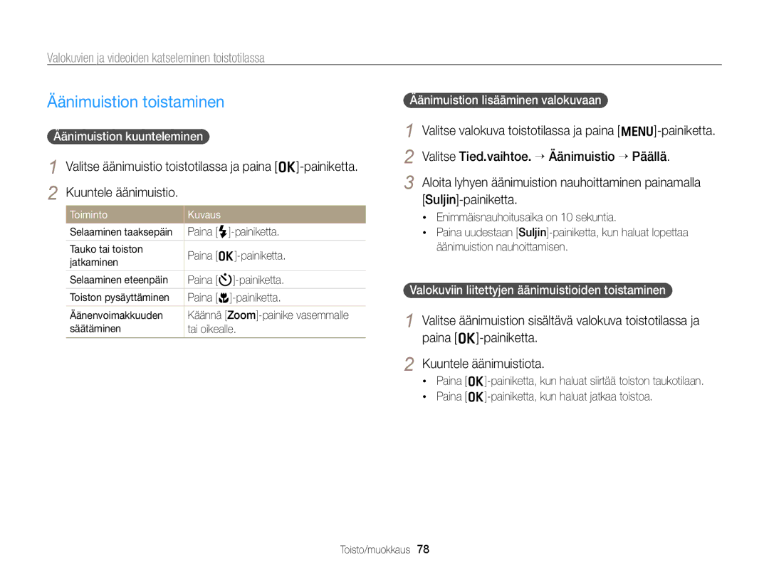 Samsung EC-PL170ZBPSE2 manual Äänimuistion toistaminen, Äänimuistion kuunteleminen, Äänimuistion lisääminen valokuvaan 