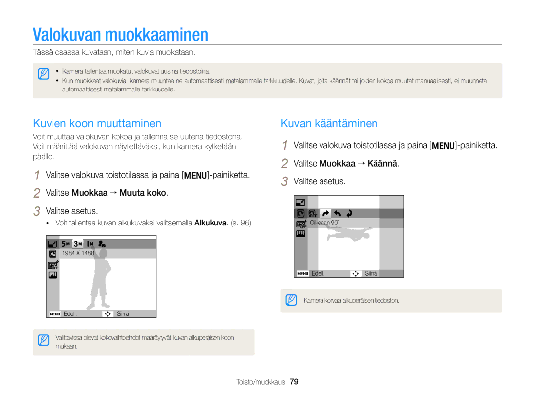 Samsung EC-PL170ZBPBE2, EC-PL170ZFPLE2, EC-PL170ZFPSE2 Valokuvan muokkaaminen, Kuvien koon muuttaminen, Kuvan kääntäminen 