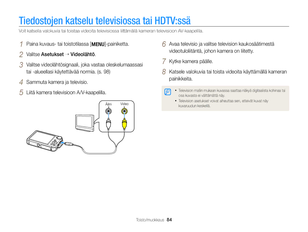 Samsung EC-PL170ZBPBE2, EC-PL170ZFPLE2 manual Tiedostojen katselu televisiossa tai HDTVssä, Sammuta kamera ja televisio 