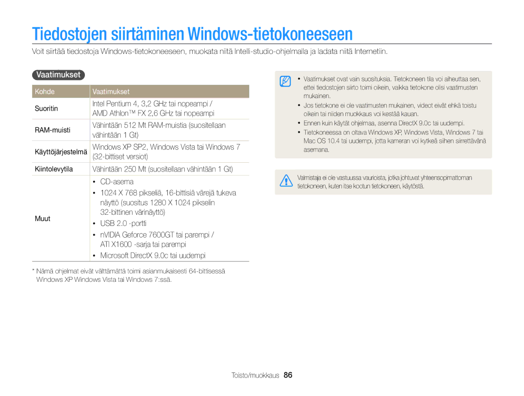 Samsung EC-PL170ZFPSE2, EC-PL170ZBPBE2 manual Tiedostojen siirtäminen Windows-tietokoneeseen, Kohde Vaatimukset 