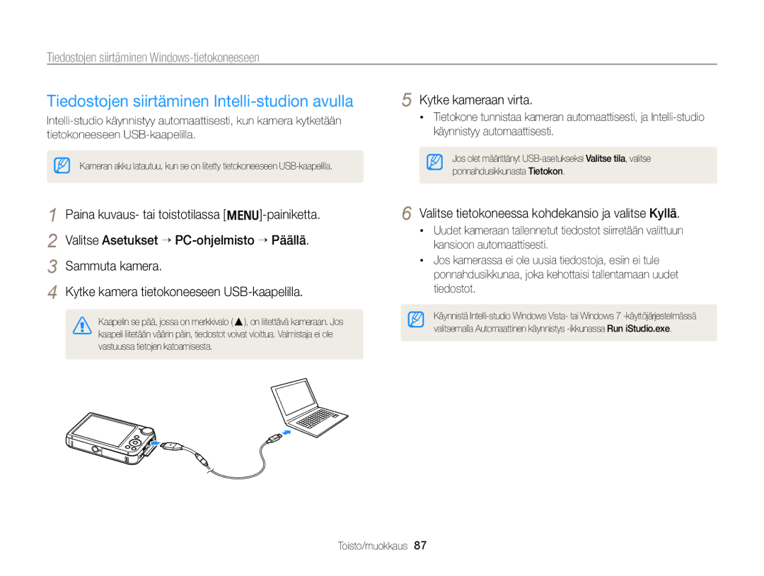 Samsung EC-PL170ZFPBE2 Tiedostojen siirtäminen Intelli-studion avulla, Tiedostojen siirtäminen Windows-tietokoneeseen 