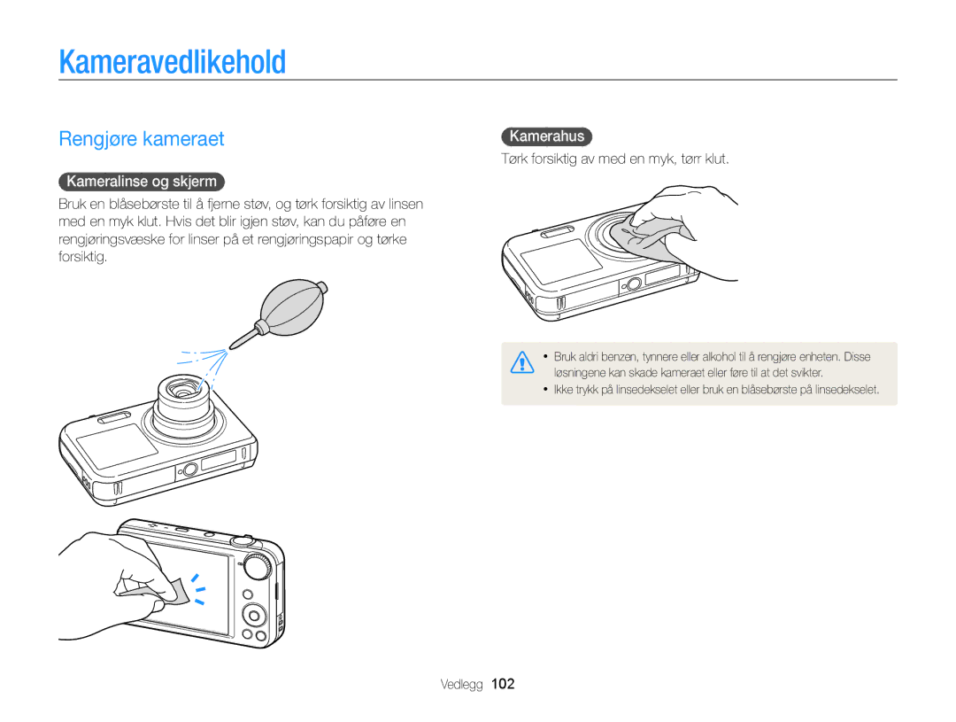 Samsung EC-PL170ZFPBE2, EC-PL170ZBPBE2 manual Kameravedlikehold, Rengjøre kameraet, Kameralinse og skjerm, Kamerahus 