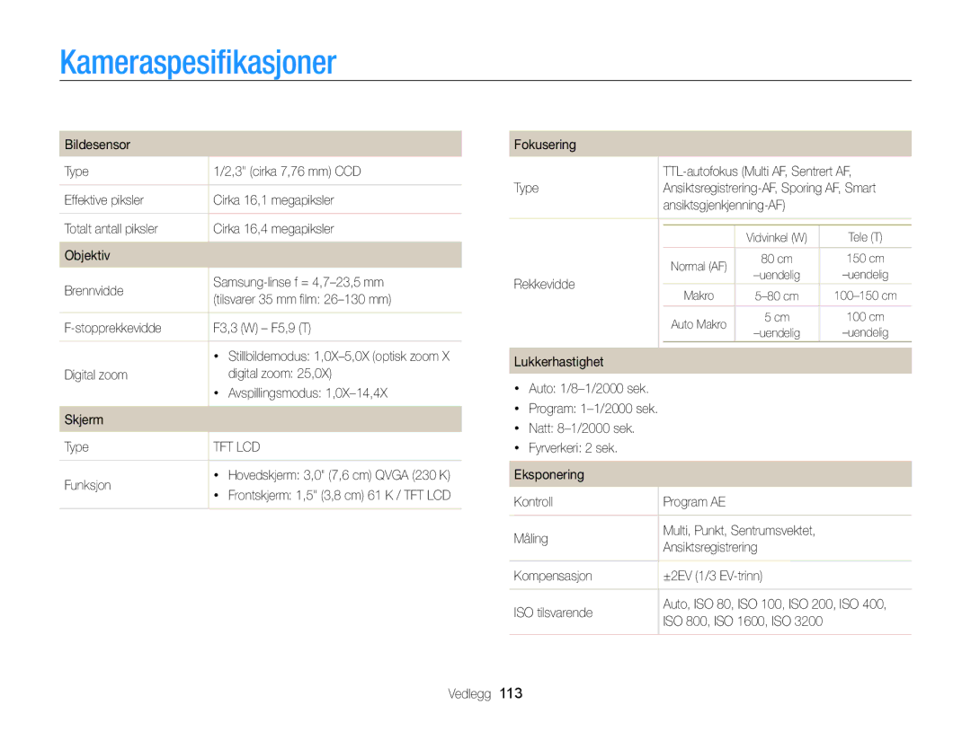 Samsung EC-PL170ZBPSE2, EC-PL170ZBPBE2, EC-PL170ZFPLE2, EC-PL170ZFPSE2, EC-PL170ZFPBE2 manual Kameraspesiﬁkasjoner 