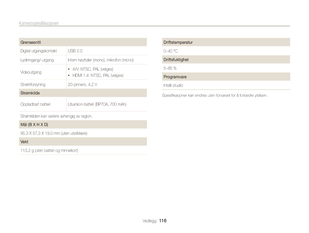 Samsung EC-PL170ZFPSE2, EC-PL170ZBPBE2, EC-PL170ZFPLE2 manual Kameraspesifikasjoner, Grensesnitt, Usb, Lydinngang/-utgang 