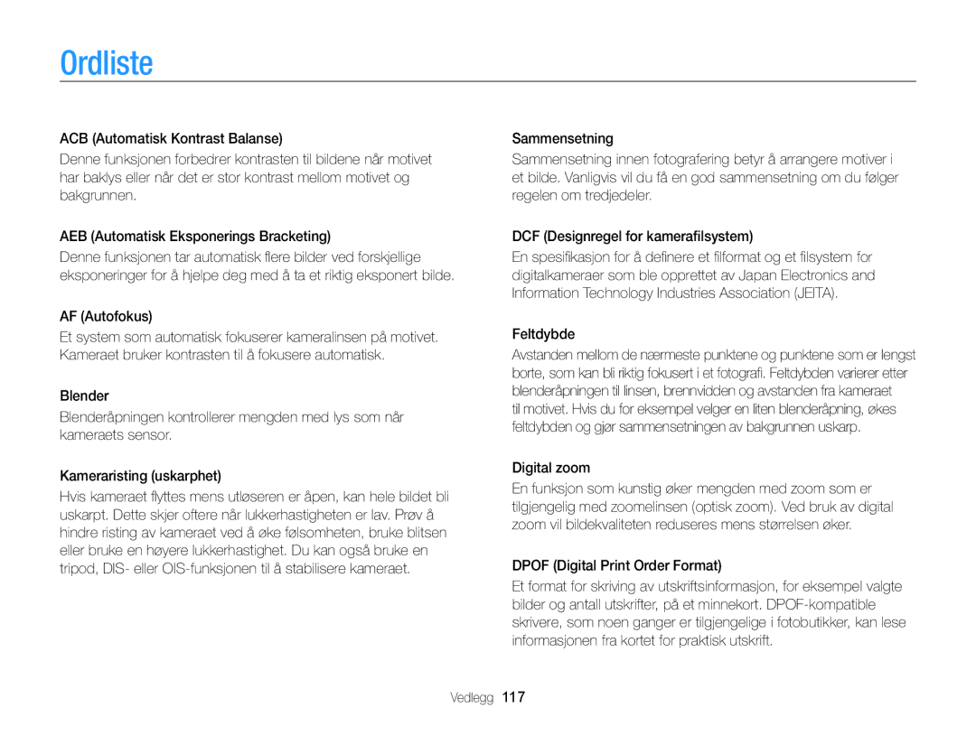 Samsung EC-PL170ZFPBE2, EC-PL170ZBPBE2 manual Ordliste, AF Autofokus, Digital zoom, Dpof Digital Print Order Format 