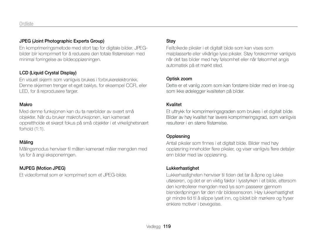 Samsung EC-PL170ZBPBE2, EC-PL170ZFPLE2, EC-PL170ZFPSE2, EC-PL170ZFPBE2, EC-PL170ZBPSE2 manual Ordliste 