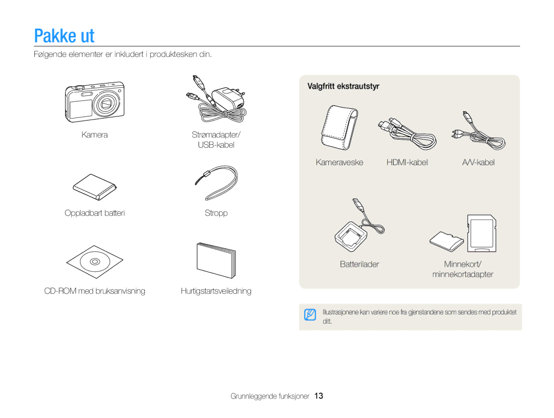 Samsung EC-PL170ZBPSE2, EC-PL170ZBPBE2 manual Pakke ut, Kameraveske HDMI-kabel, Oppladbart batteri, Grunnleggende funksjoner 